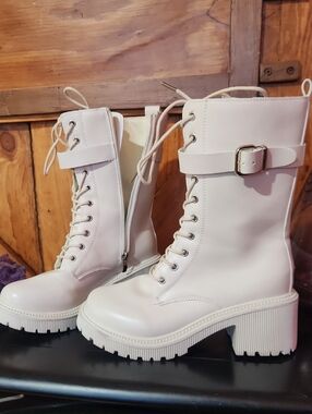 Women's Cream Lace-Up Buckle Combat Boots